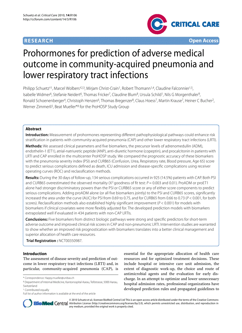 Báo cáo y học Prohormones for prediction of adverse medical outcome in community acquired pneumonia and lower respiratory tract infections