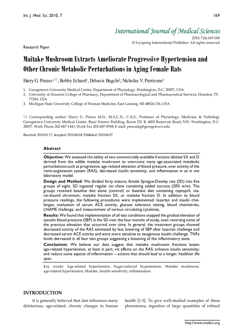 Báo cáo y học Maitake Mushroom Extracts Ameliorate Progressive Hypertension and Other Chronic Metabolic Perturbations in Aging Female Rats