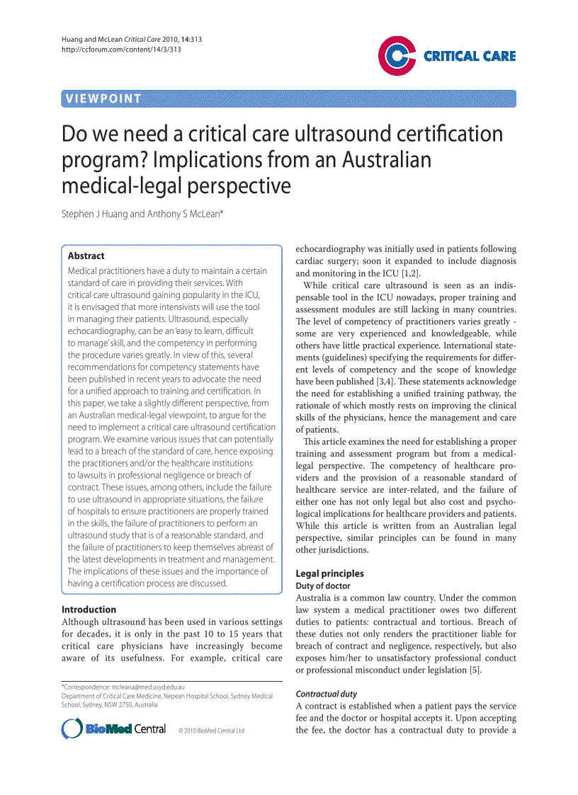 Báo cáo y học Do we need a critical care ultrasound certification program Implications from an Australian medical legal perspective