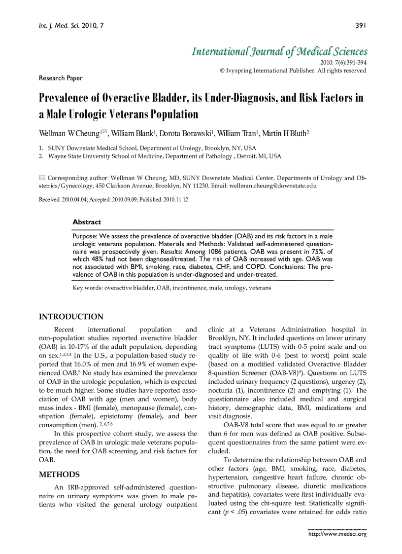 Báo cáo y học Prevalence of Overactive Bladder its Under Diagnosis and Risk Factors in a Male Urologic Veterans Population