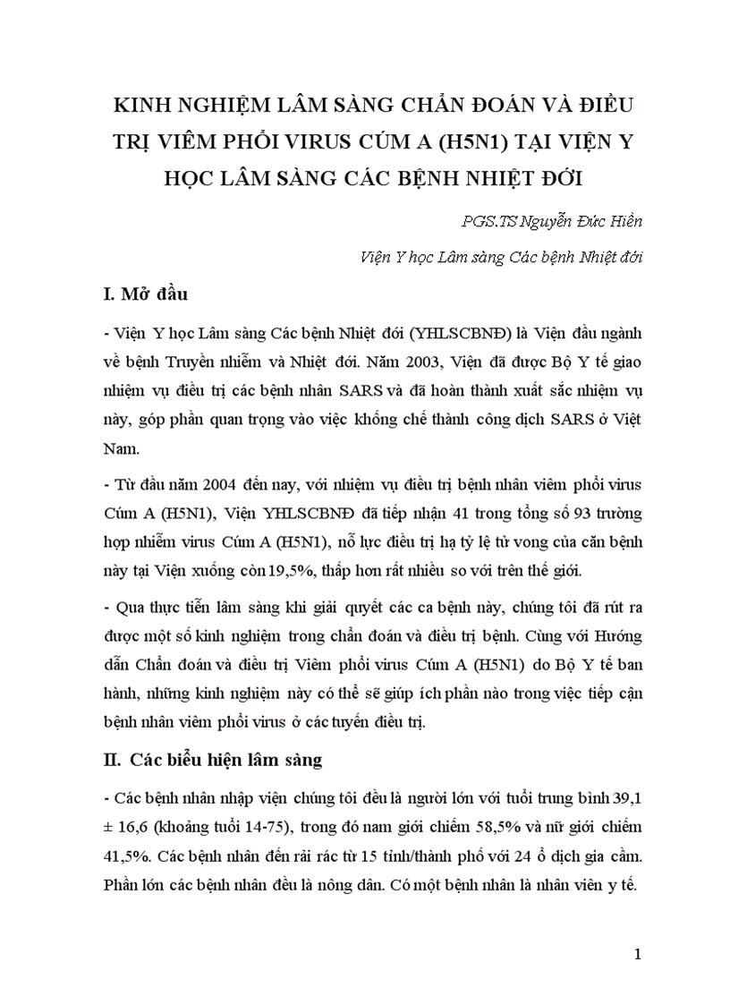 Kinh nghiệm lâm sàng chẩn đoán và điều trị viêm phổi virus cúm a h5n1 tại viện y học lâm sàng các bệnh nhiệt đới