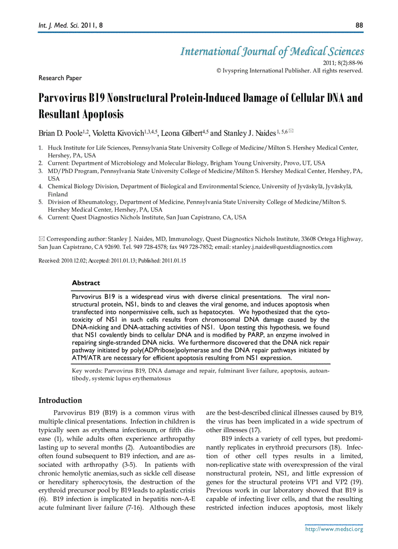 Báo cáo y học Parvovirus B19 Nonstructural Protein Induced Damage of Cellular DNA and Resultant Apoptosis