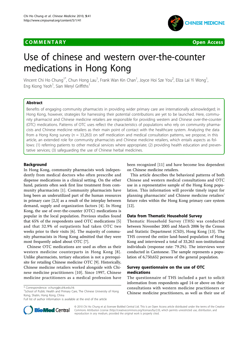 Báo cáo y học Use of chinese and western over the counter medications in Hong Kong