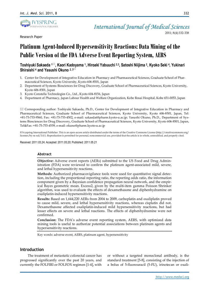 Báo cáo y học Platinum Agent Induced Hypersensitivity Reactions Data Mining of the Public Version of the FDA Adverse Event Reporting System AER