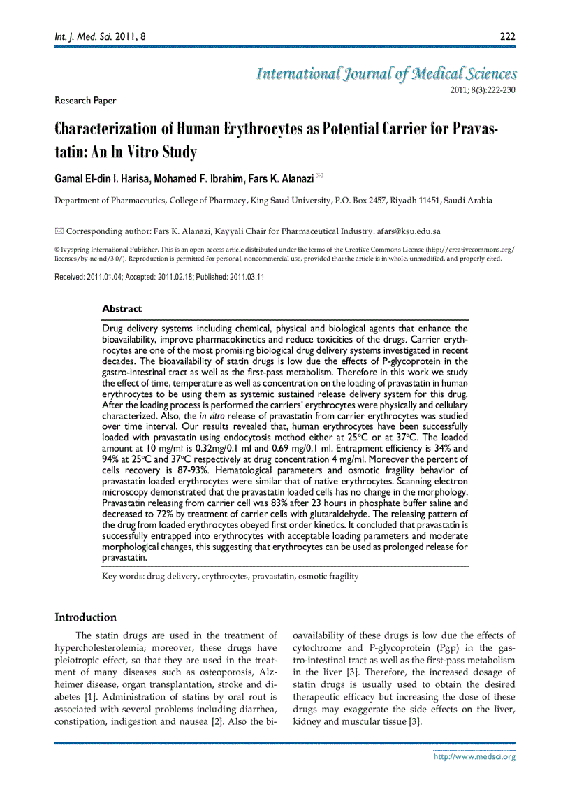 Báo cáo y học Characterization of Human Erythrocytes as Potential Carrier for Pravastatin An In Vitro Study