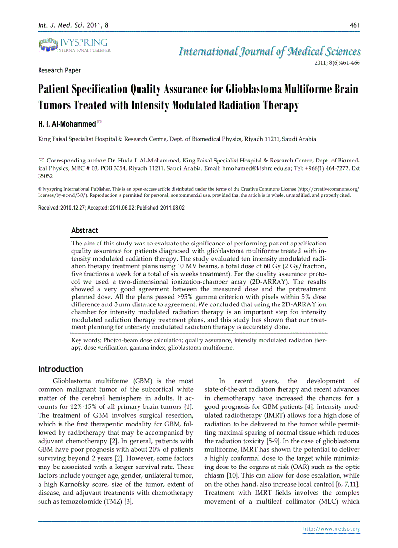 Báo cáo y học Patient Specification Quality Assurance for Glioblastoma Multiforme Brain Tumors Treated with Intensity Modulated Radiation Therapy