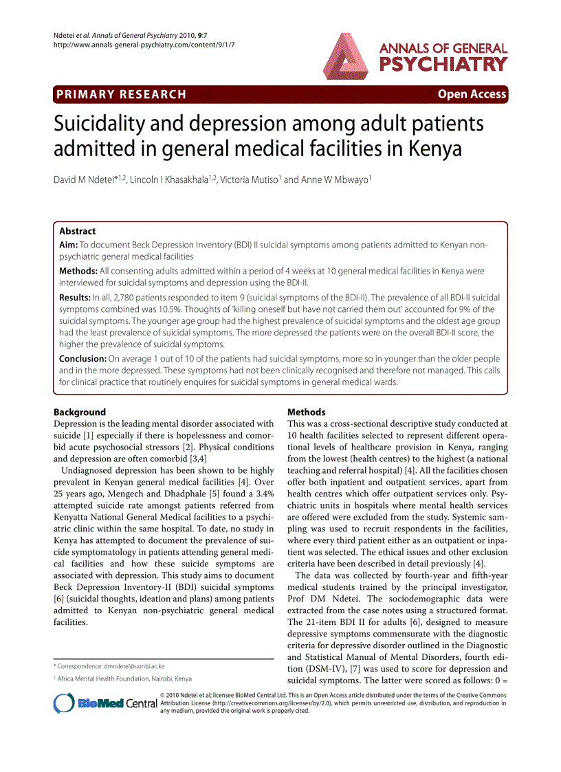 Báo cáo y học Suicidality and depression among adult patients admitted in general medical facilities in Kenya