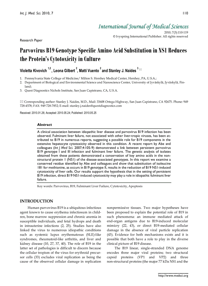 Báo cáo y học Parvovirus B19 Genotype Specific Amino Acid Substitution in NS1 Reduces the Protein s Cytotoxicity in Culture