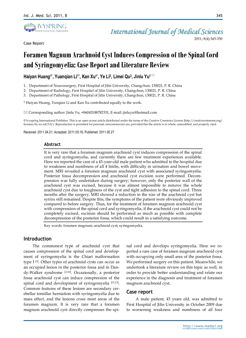 Báo cáo y học Foramen Magnum Arachnoid Cyst Induces Compression of the Spinal Cord and Syringomyelia Case Report and Literature Review