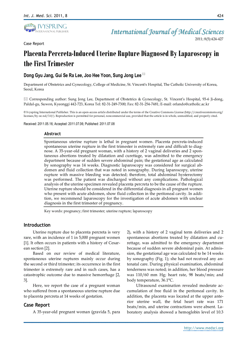 Báo cáo y học Placenta Percreta Induced Uterine Rupture Diagnosed By Laparoscopy in the First Trimester