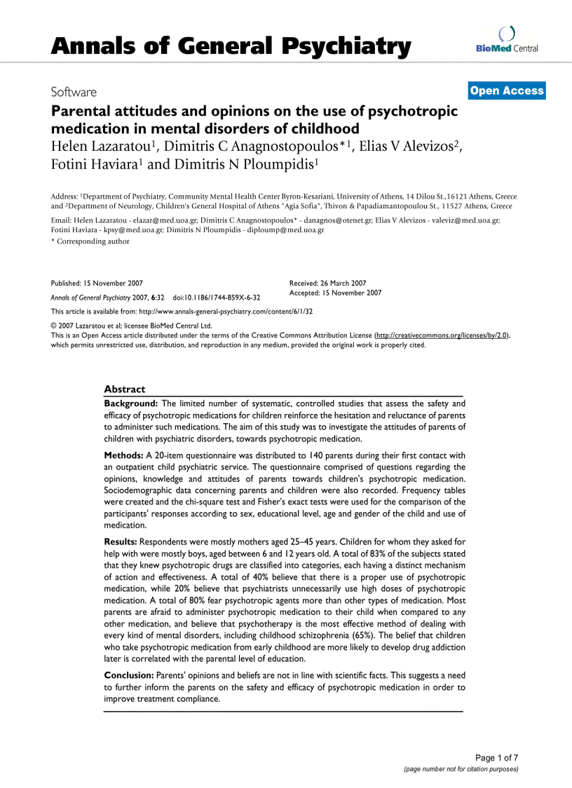 Báo cáo khoa học Parental attitudes and opinions on the use of psychotropic medication in mental disorders of childhood