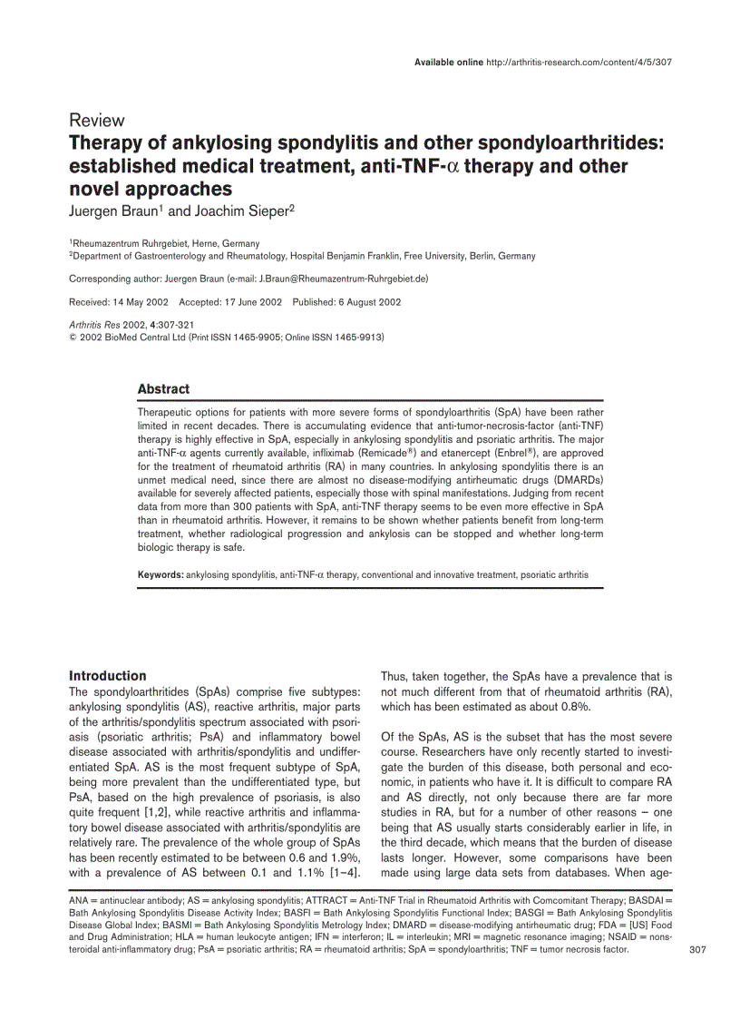 Báo cáo y học Therapy of ankylosing spondylitis and other spondyloarthritides α established medical treatment anti TNF α therapy and other novel approaches