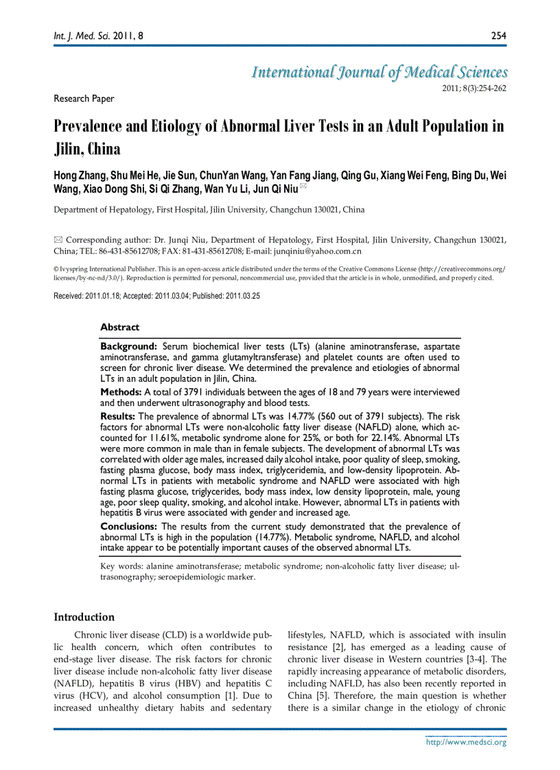 Báo cáo y học Prevalence and Etiology of Abnormal Liver Tests in an Adult Population in Jilin