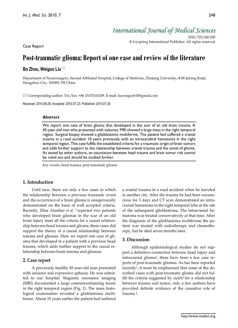 Báo cáo y học Post traumatic glioma Report of one case and review of the literature