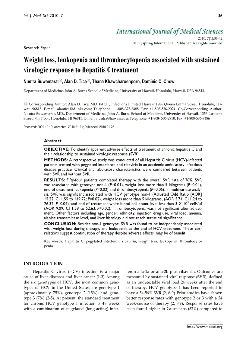 Báo cáo y học Weight loss leukopenia and thrombocytopenia associated with sustained virologic response to Hepatitis C treatmen