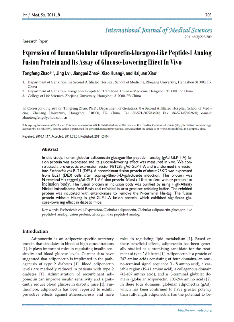 Báo cáo y học Expression of Human Globular Adiponectin Glucagon Like Peptide 1 Analog Fusion Protein and Its Assay of Glucose Lowering Effect In Vivo