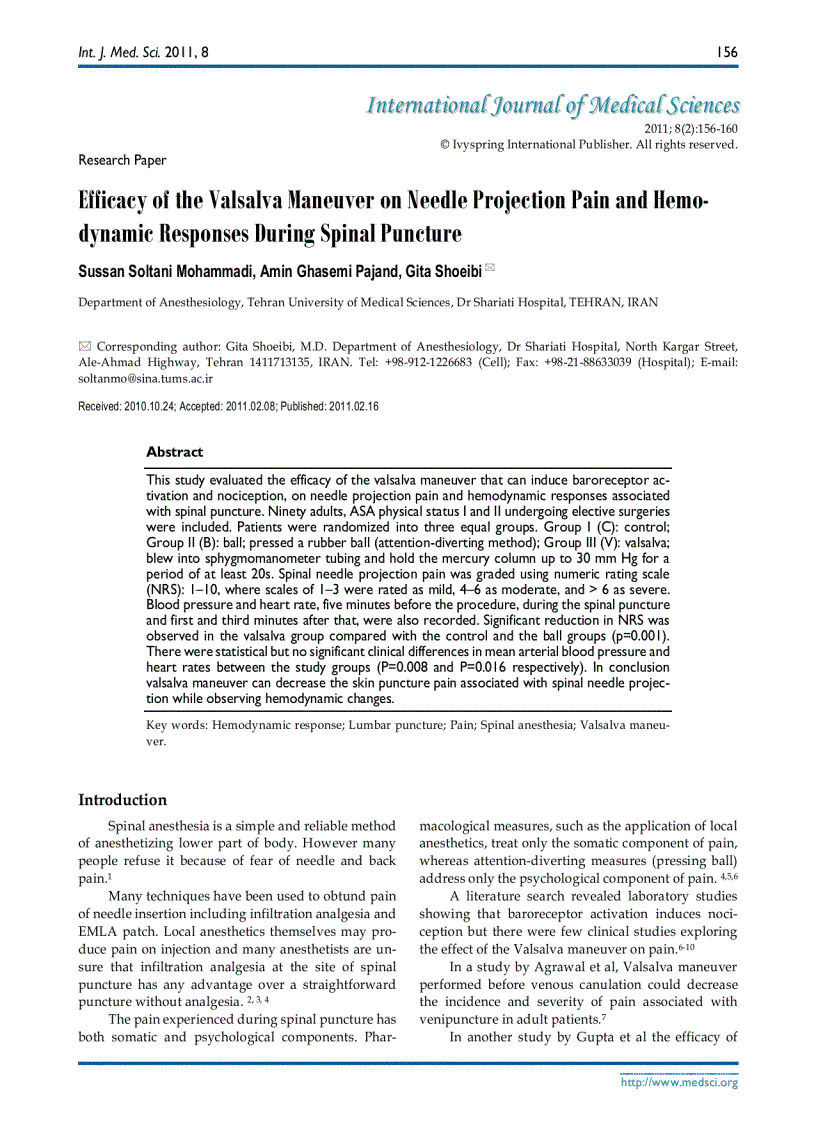 Báo cáo y học Efficacy of the Valsalva Maneuver on Needle Projection Pain and Hemodynamic Responses During Spinal Puncture