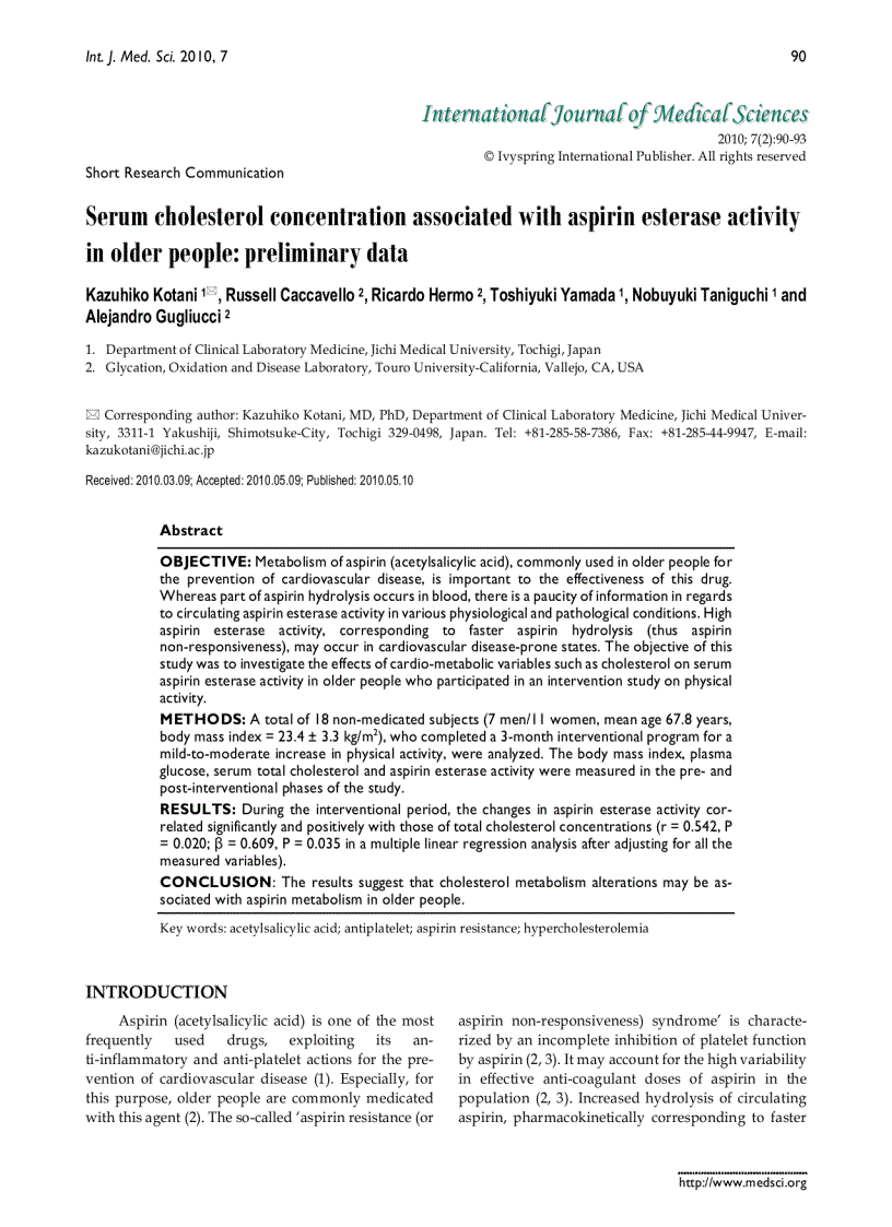 Báo cáo y học Serum cholesterol concentration associated with aspirin esterase activity in older people preliminary data