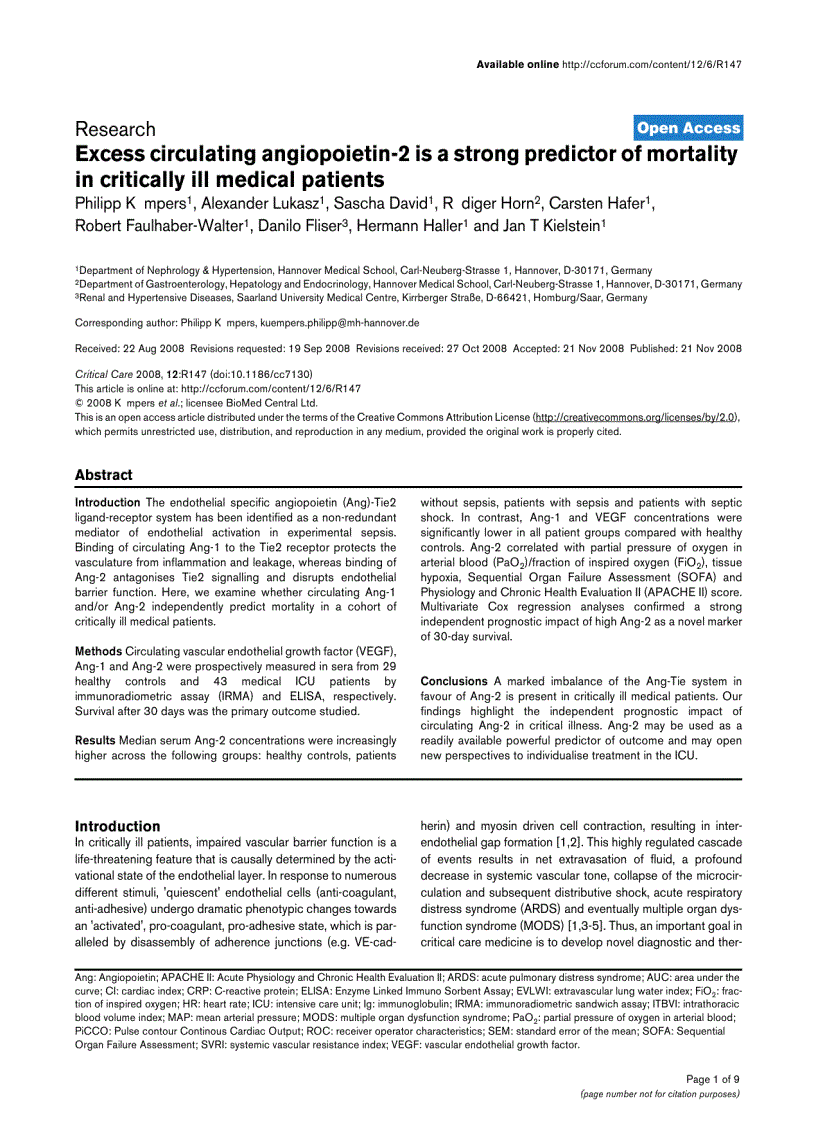 Báo cáo y học Excess circulating angiopoietin 2 is a strong predictor of mortality in critically ill medical patients