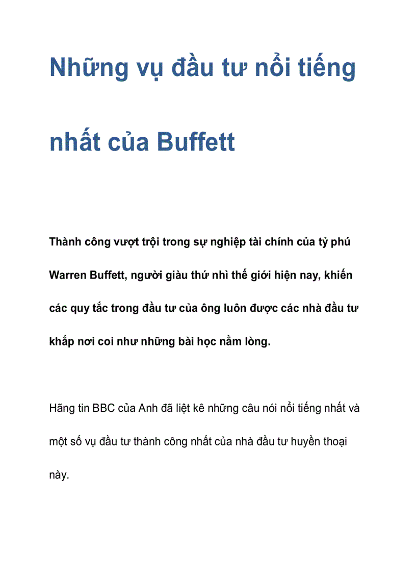 Những vụ đầu tư nổi tiếng nhất của Buffett