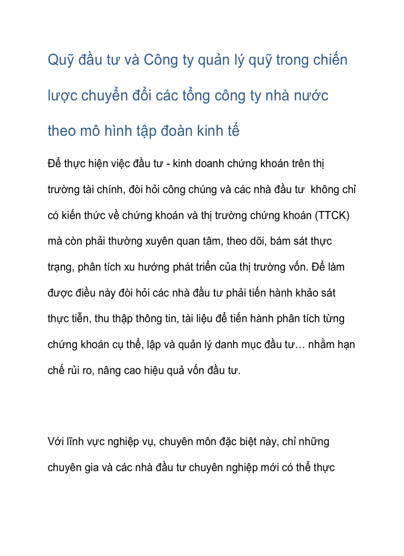 Quỹ đầu tư và Công ty quản lý quỹ trong chiến lược chuyển đổi các tổng công ty nhà nước theo mô hình tập đoàn kinh tế