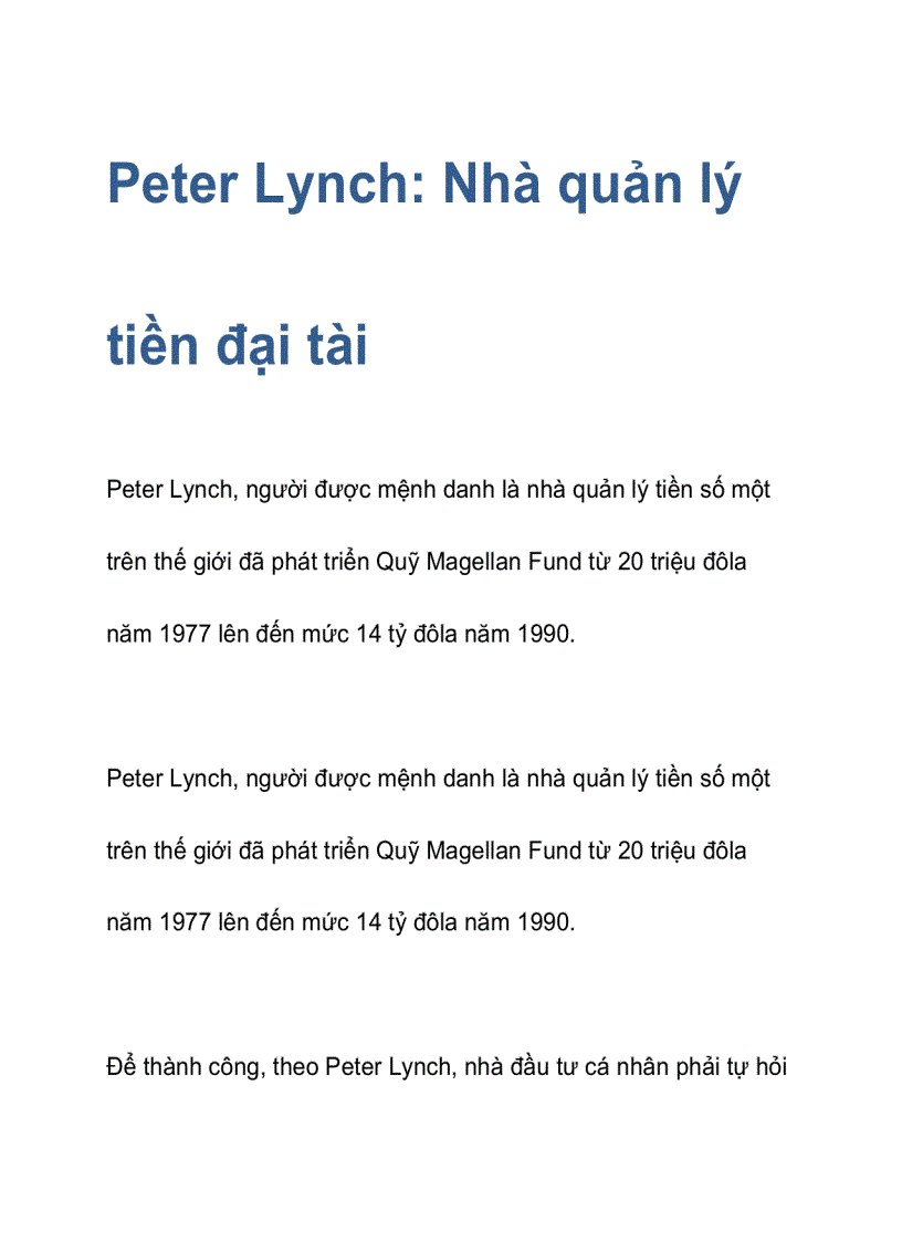 Peter Lynch Nhà quản lý tiền đại tài Peter Lynch