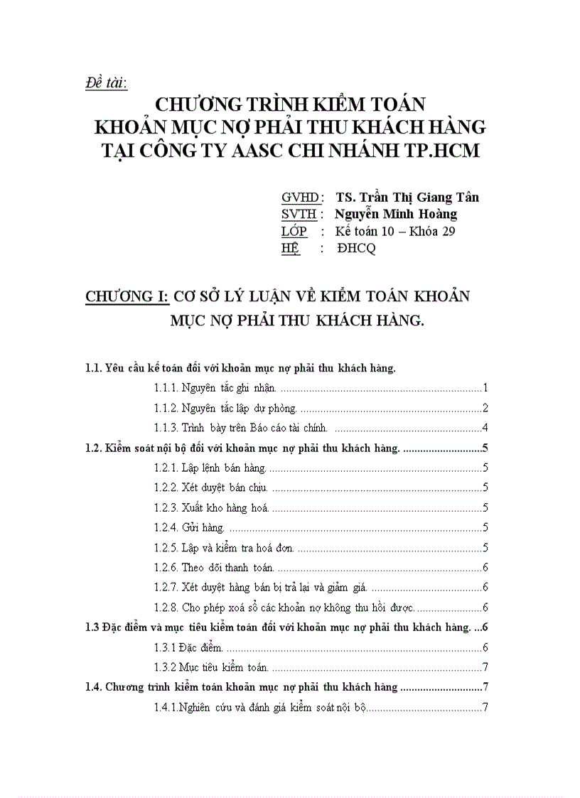 Chương trình kiểm toán khoản mục nợ phải thu khách hàng tại công ty aasc chi nhánh tp hcm