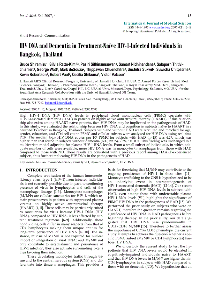 Báo cáo y học HIV DNA and Dementia in Treatment Naïve HIV 1 Infected Individuals in Bangkok Thailand