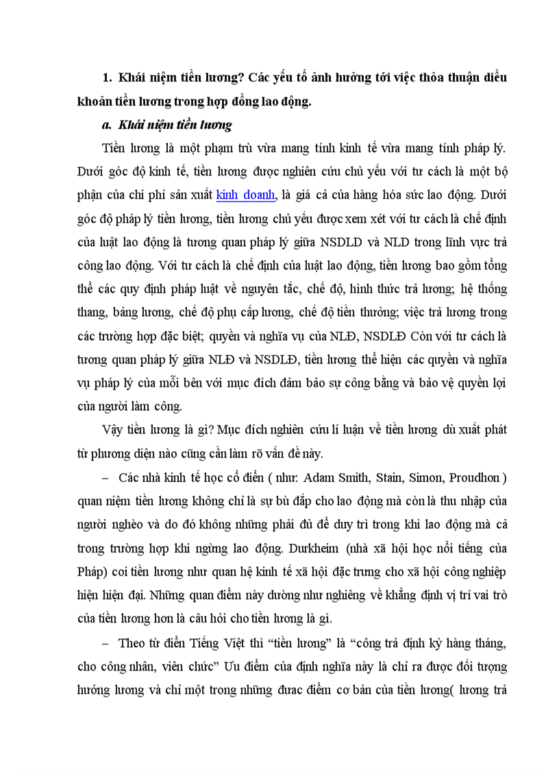 Khái niệm tiền lương Các yếu tố ảnh hưởng tới việc thỏa thuận diều khoản tiền lương trong hợp đồng lao động