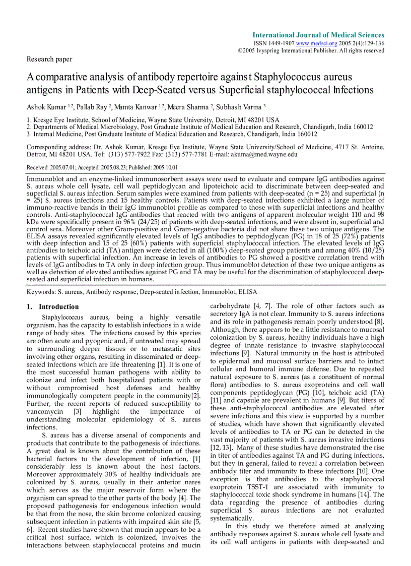 Báo cáo y học A comparative analysis of antibody repertoire against Staphylococcus aureus antigens in Patients with Deep Seated versus Superficial staphylococcal Infections