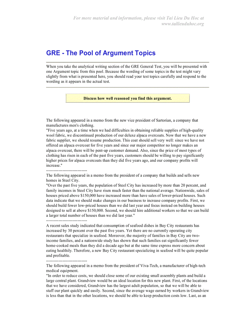 GRE The Pool of Argument Topics