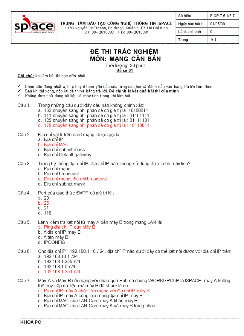 ĐỀ THI TRẮC NGHIỆM MÔN MẠNG CĂN BẢN Đề số 01