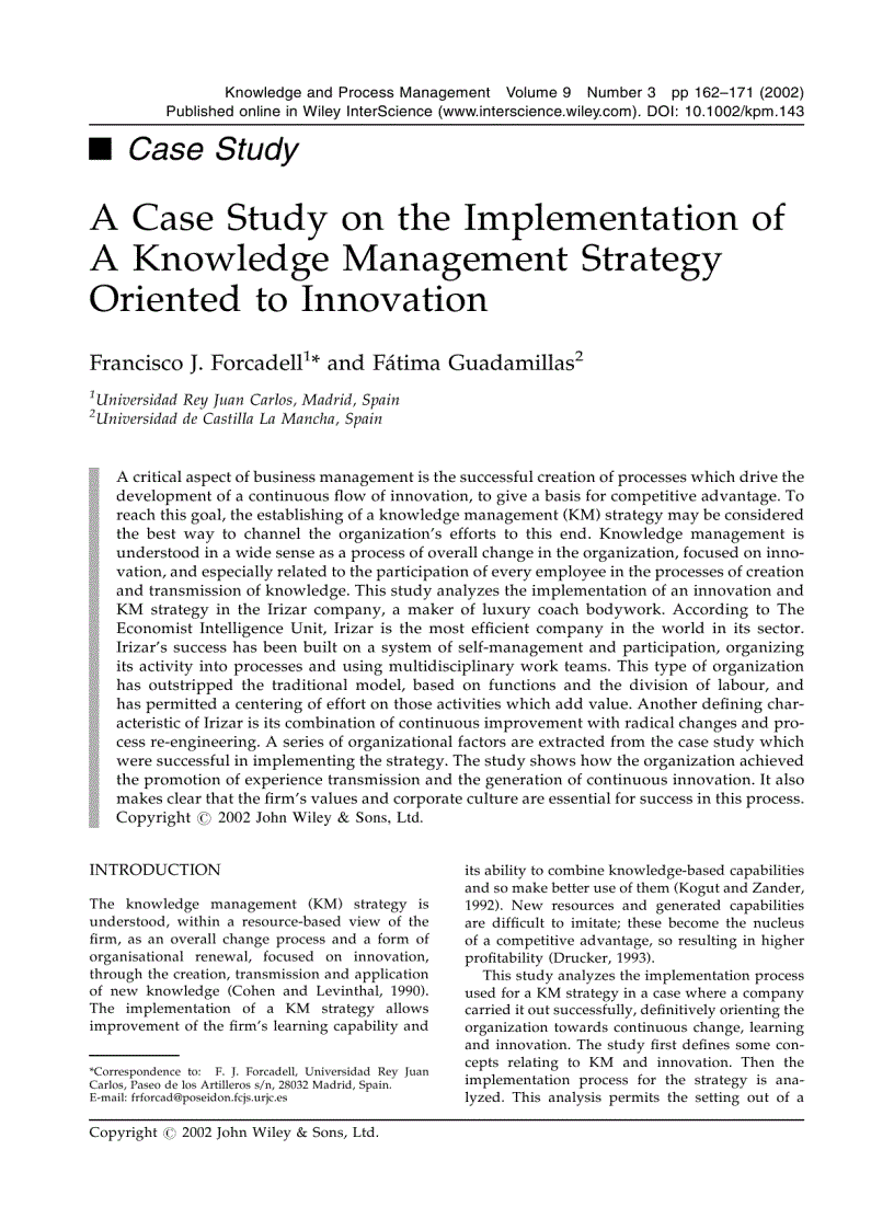 A Case Study on the Implementation of A Knowledge Management Strategy Oriented to Innovation