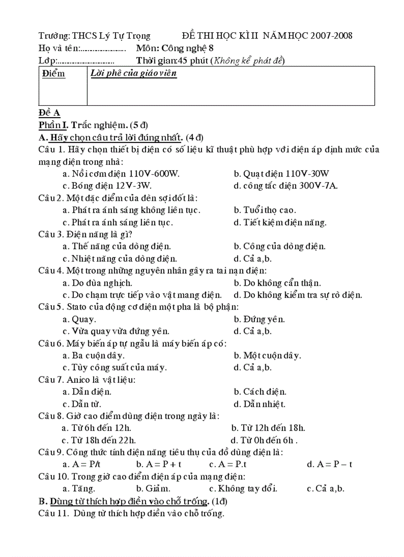 Đề Thi Ma Trận Đáp Án Công Nghệ 8 HK1