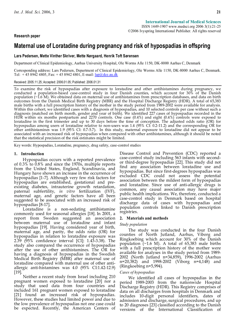 Báo cáo y học Maternal use of Loratadine during pregnancy and risk of hypospadias in offspring