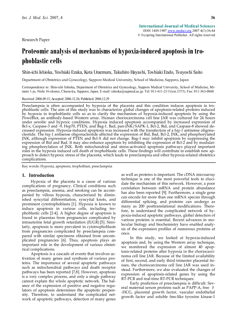 Báo cáo y học Proteomic analysis of mechanisms of hypoxia induced apoptosis in trophoblastic cells