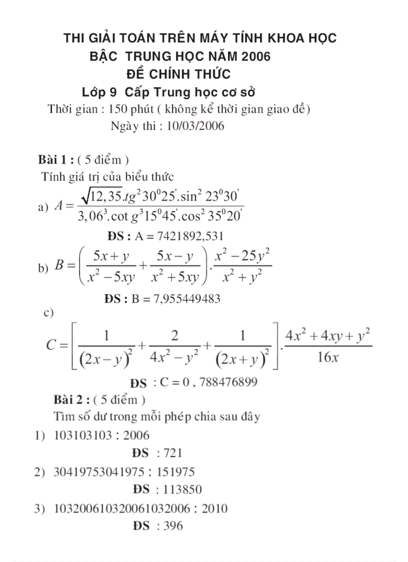 Giải toán lớp 9 bằng máy tính bỏ túi Bộ GDĐT 2006