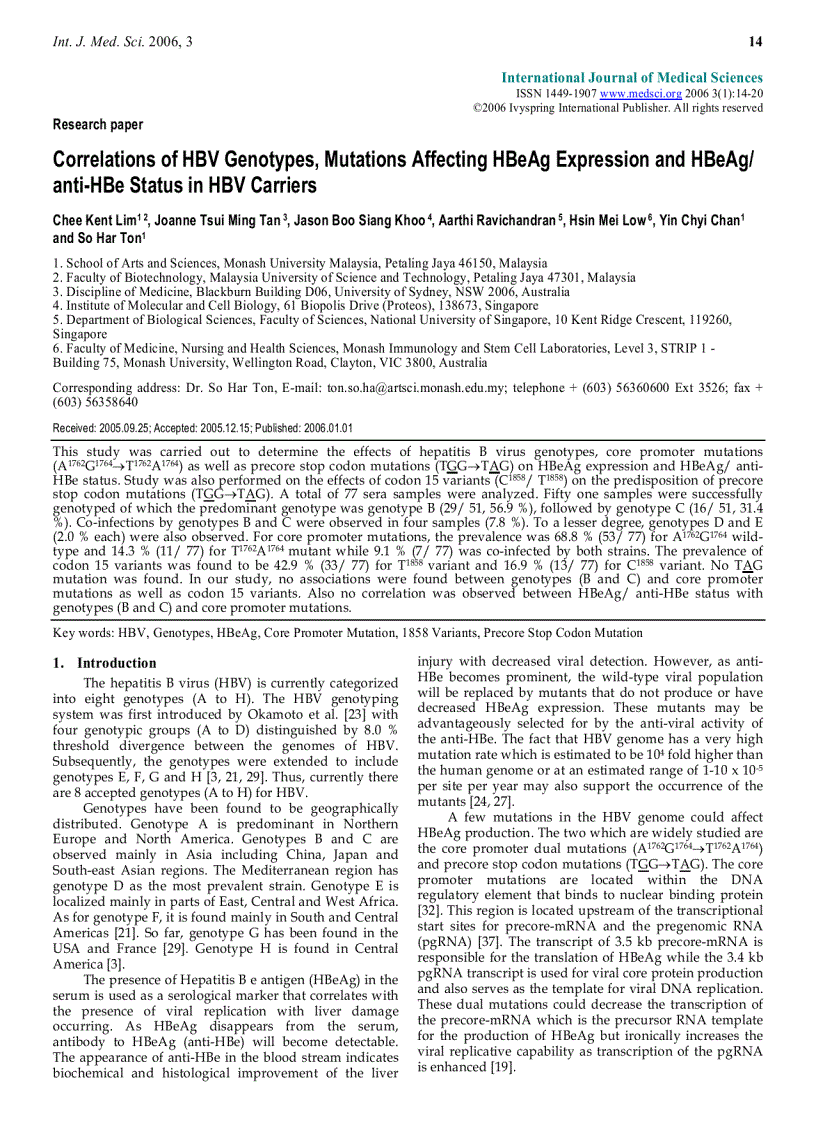 Báo cáo y học Correlations of HBV Genotypes Mutations Affecting HBeAg Expression and HBeAg anti HBe Status in HBV Carriers