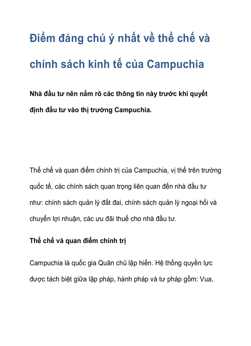 Điểm đáng chú ý nhất về thể chế và chính sách kinh tế của Campuchia