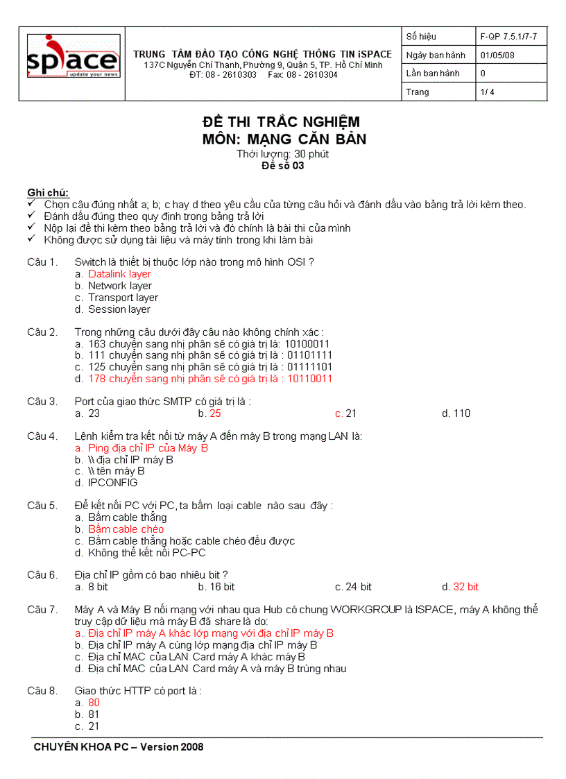 ĐỀ THI TRẮC NGHIỆM MÔN MẠNG CĂN BẢN Đề số 03