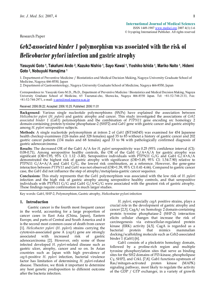 Báo cáo y học Grb2 associated binder 1 polymorphism was associated with the risk of Helicobactor pylori infection and gastric atrophy