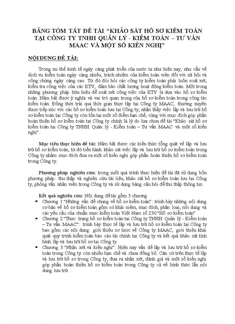 Bảng tóm tắt đề tài khảo sát hồ sơ kiểm toán tại công ty tnhh quản lý kiểm toán tư vấn maac và một số kiến nghị