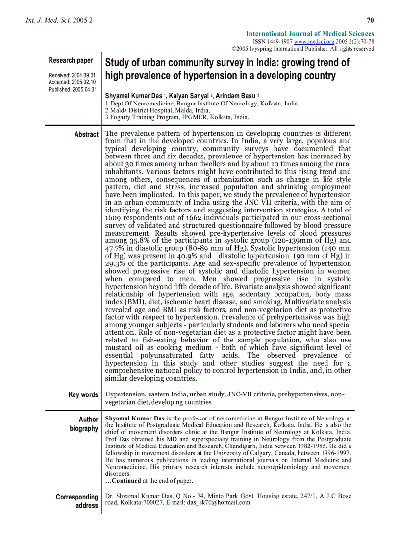 Báo cáo y học Study of urban community survey in India growing trend of high prevalence of hypertension in a developing country