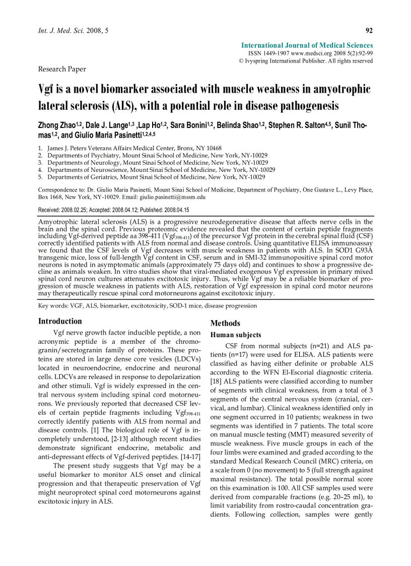 Báo cáo y học Vgf is a novel biomarker associated with muscle weakness in amyotrophic lateral sclerosis ALS with a potential role in disease pathogenesis