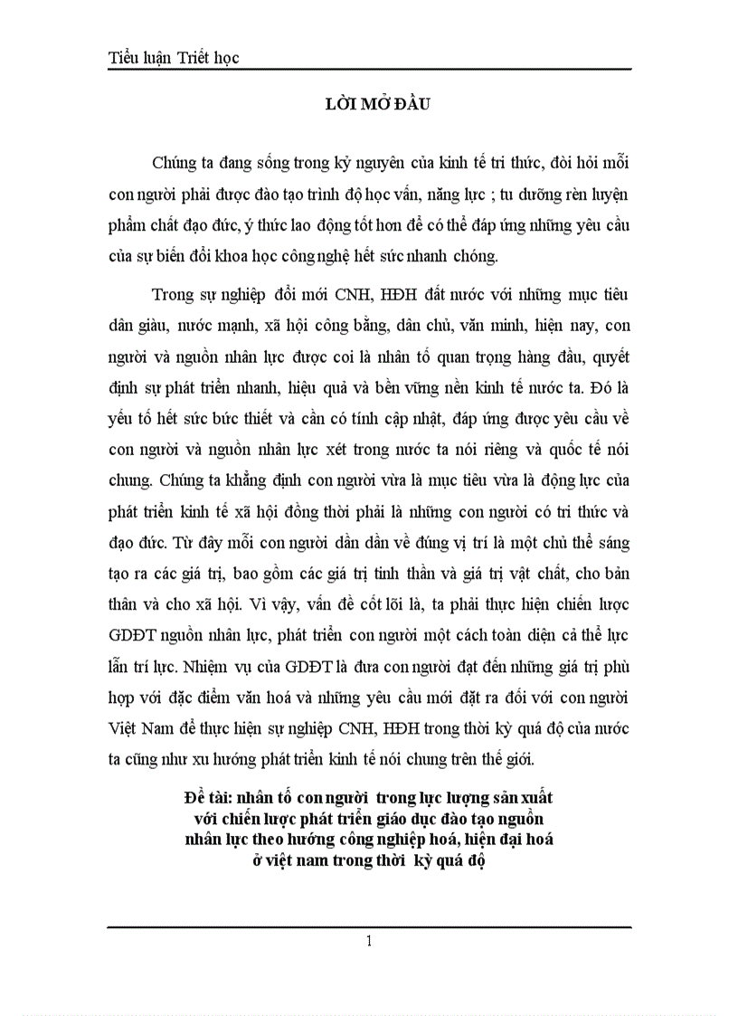Nhân tố con người trong sự phát triển LLSX và chiến lược đào tạo nguồn nhân lực chất lượng cao 1