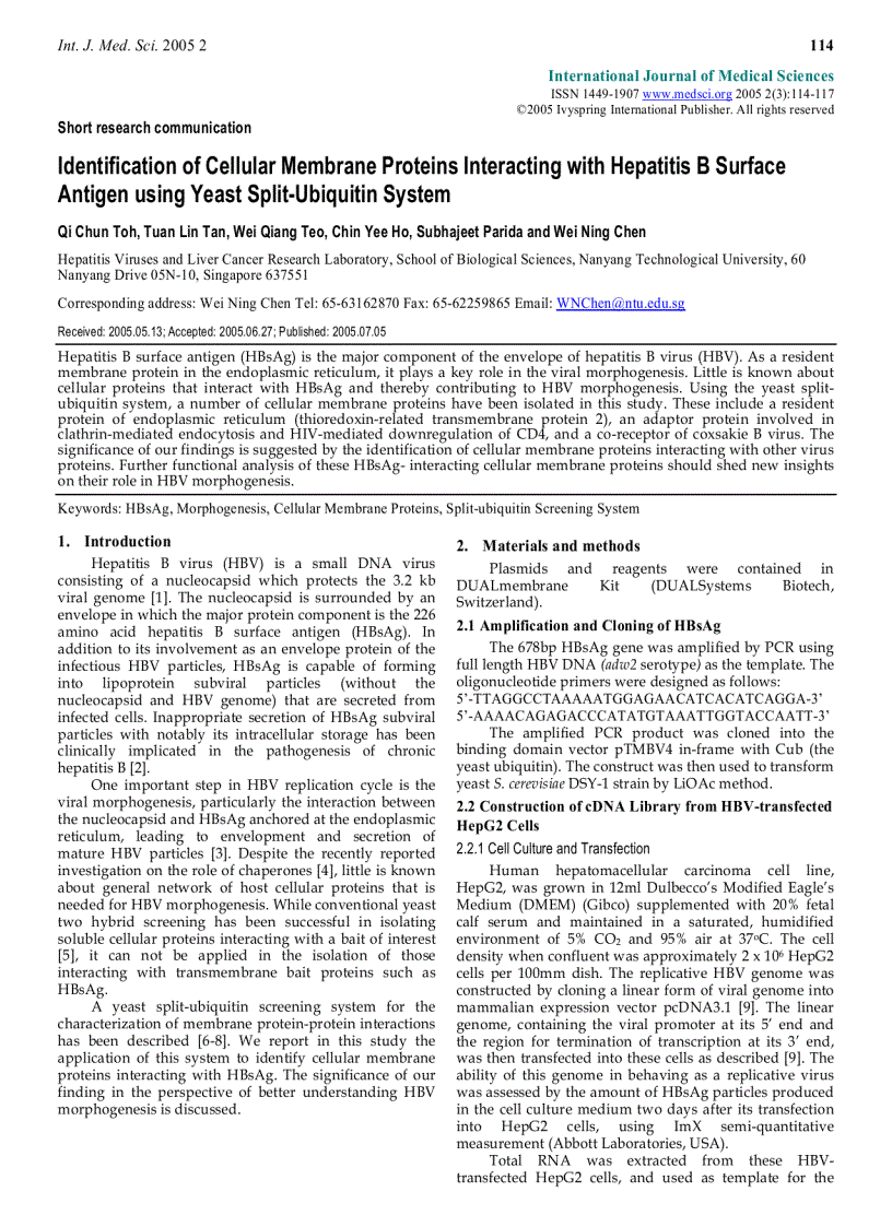 Báo cáo y học Identification of Cellular Membrane Proteins Interacting with Hepatitis B Surface Antigen using Yeast Split Ubiquitin System