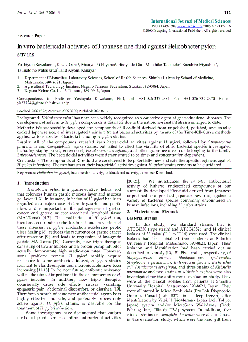 Báo cáo y học In vitro bactericidal activities of Japanese rice fluid against Helicobacter pylori strains