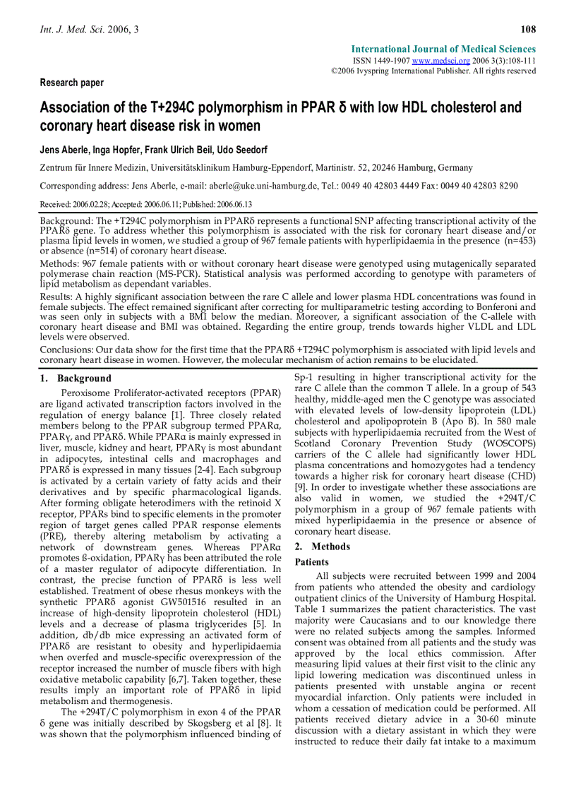 Báo cáo y học Association of the T 294C polymorphism in PPAR δ with low HDL cholesterol and coronary heart disease risk in women