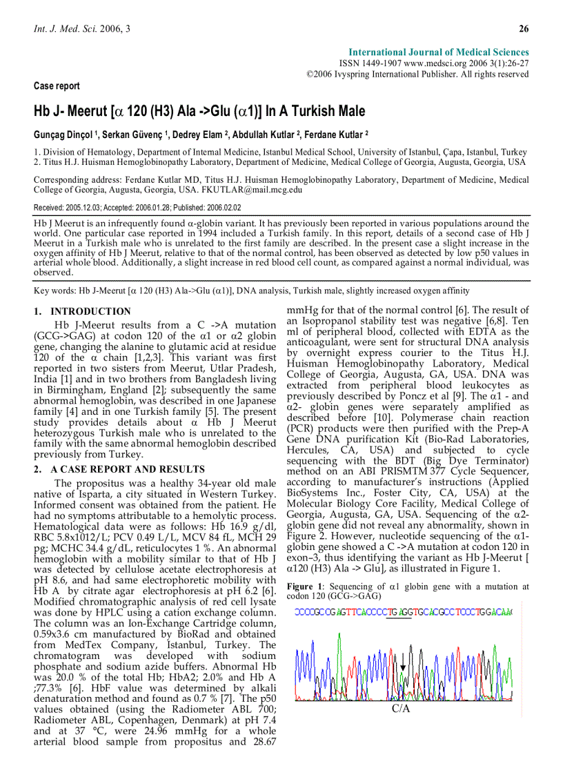 Báo cáo y học Hb J Meerut α 120 H3 Ala Glu α1 In A Turkish Male