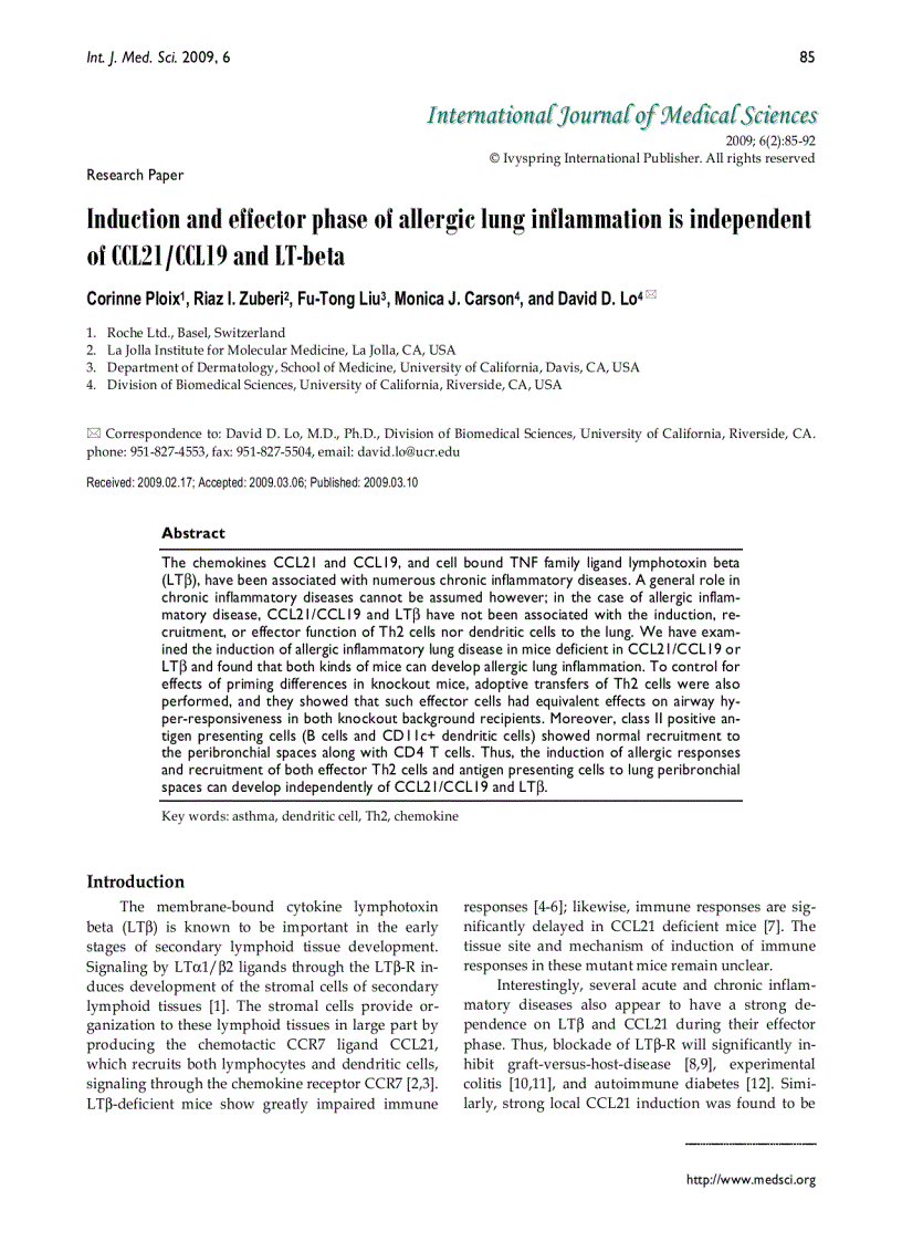 Báo cáo y học Induction and effector phase of allergic lung inflammation is independent of CCL21 CCL19 and LT beta